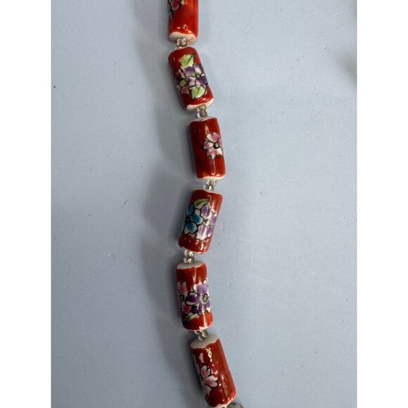 Vintage Chinese Cloisonne Floral Glass Bead Necklace With Barrel Clasp 22" Red M - Picture 6 of 9